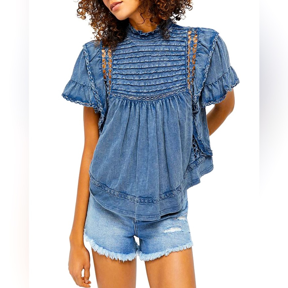 Free People Washed Blue Short Sleeve Pintuck Lace Trim Top